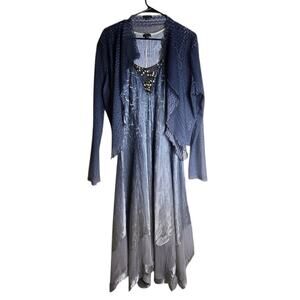 Komarov Dress & Jacket Set XL Blue Ombre Pleated Beaded V-Neck Midi Occasion